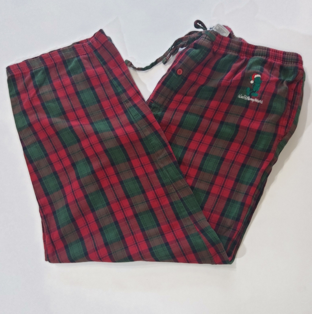 Disney Sweatpants Mens XL Green‎ Red Plaid Embroidered Mickey Mouse Loungewear
